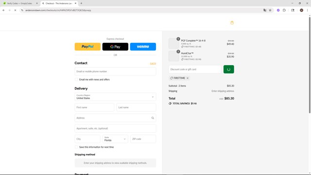 Andersons Lawn checkout page showing Andersons Lawn promo code box | Screenshot taken by SimplyCodes community member on Aug 22, 2025
