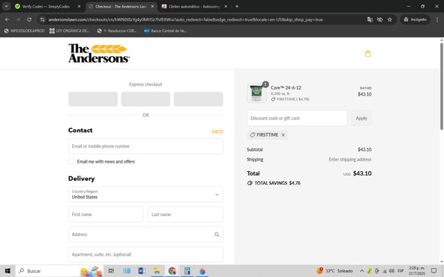 Andersons Lawn checkout page showing Andersons Lawn promo code box | Screenshot taken by SimplyCodes community member on Jul 21, 2025