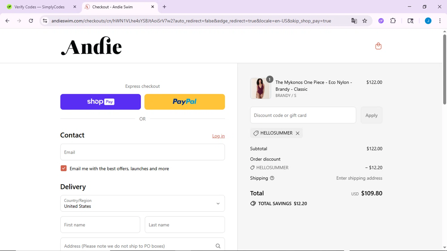 Andie Swim discount code screenshot showing code HELLOSUMMER applied at Andie Swim checkout page. Uploaded by SimplyCodes community member CodeLynx3161 on Aug 7, 2025
