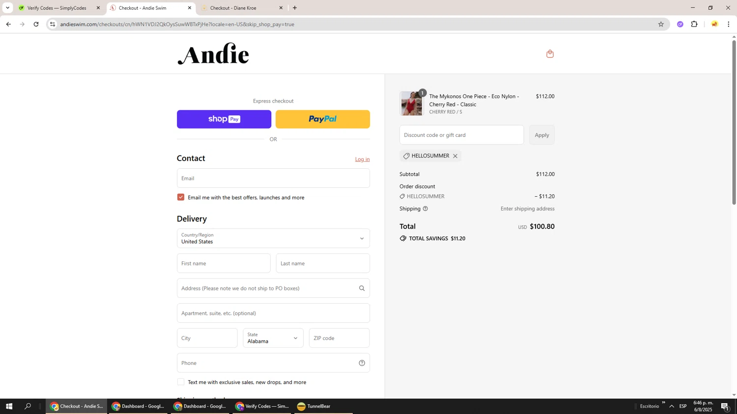 Andie Swim discount code screenshot showing code HELLOSUMMER applied at Andie Swim checkout page. Uploaded by SimplyCodes community member Richard251 on Aug 6, 2025