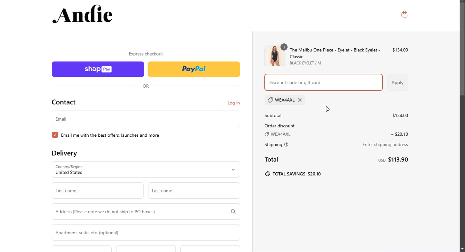 Andie Swim discount code screenshot showing code WEA4AXL applied at Andie Swim checkout page. Uploaded by SimplyCodes community member Doomslayer on Apr 2, 2025