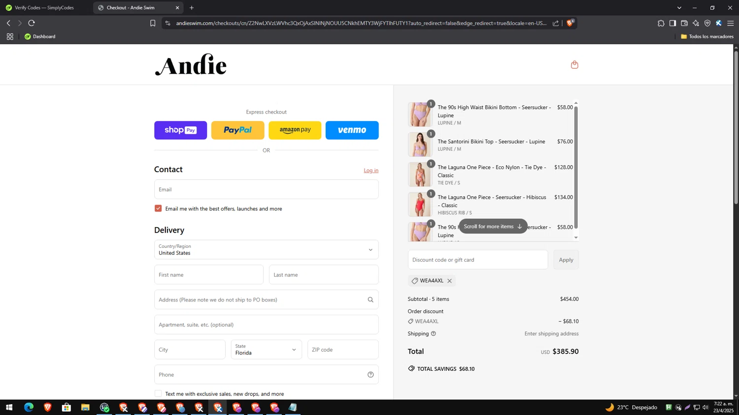 Andie Swim discount code screenshot showing code WEA4AXL applied at Andie Swim checkout page. Uploaded by SimplyCodes community member PrimeExpert2544 on Apr 23, 2025