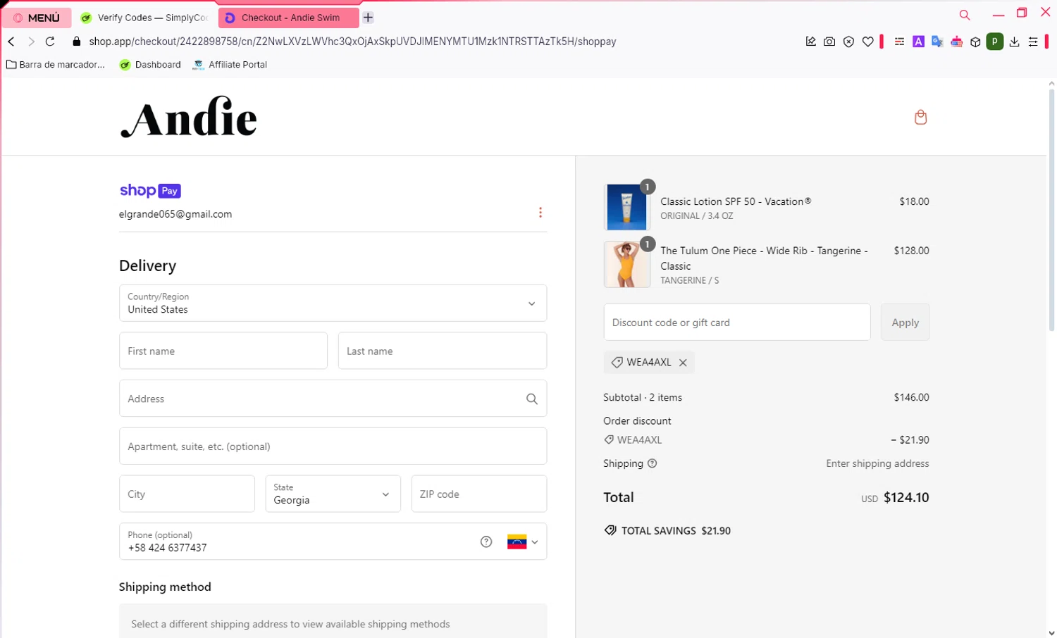 Andie Swim discount code screenshot showing code WEA4AXL applied at Andie Swim checkout page. Uploaded by SimplyCodes community member WonderWarden4709 on Jan 30, 2025