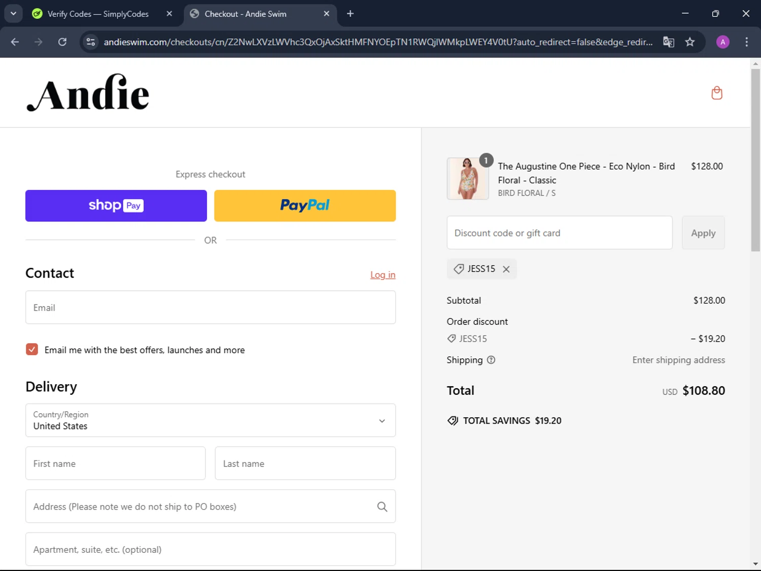 Andie Swim discount code screenshot showing code JESS15 applied at Andie Swim checkout page. Uploaded by SimplyCodes community member AV2ACG on Feb 7, 2025