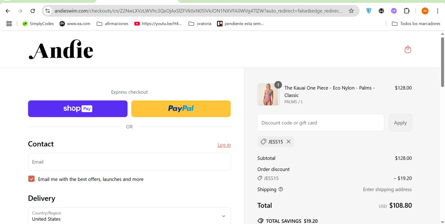Andie Swim discount code screenshot showing code JESS15 applied at Andie Swim checkout page. Uploaded by SimplyCodes community member ROIS28 on May 17, 2025