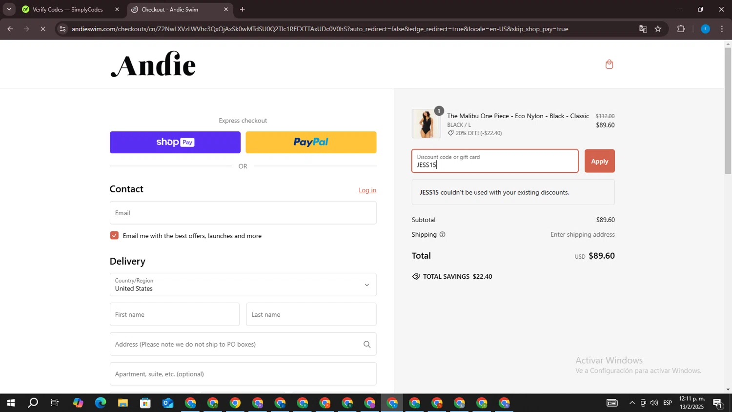 Andie Swim discount code screenshot showing code JESS15 applied at Andie Swim checkout page. Uploaded by SimplyCodes community member RewardVoyager146 on Feb 13, 2025