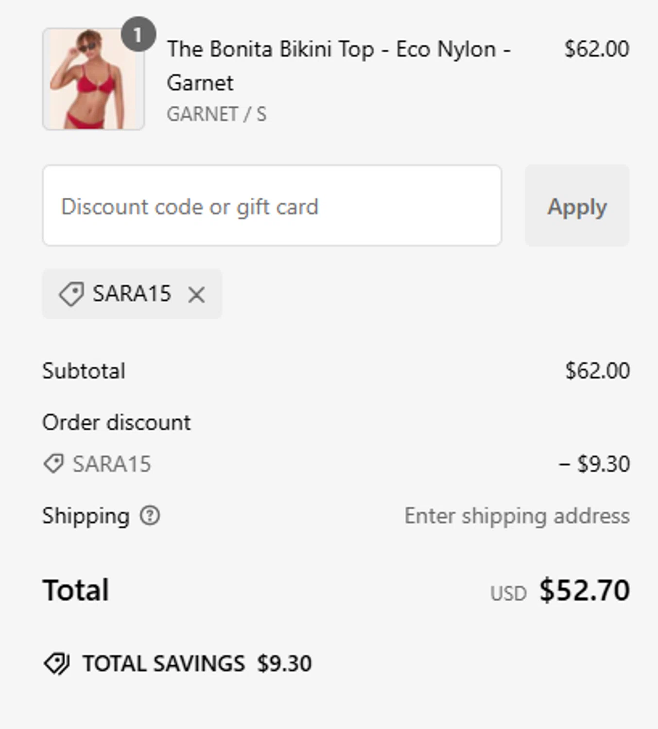 Andie Swim discount code screenshot showing code Sara15 applied at Andie Swim checkout page. Uploaded by SimplyCodes community member dragonjeffer_93a9 on Jan 27, 2025