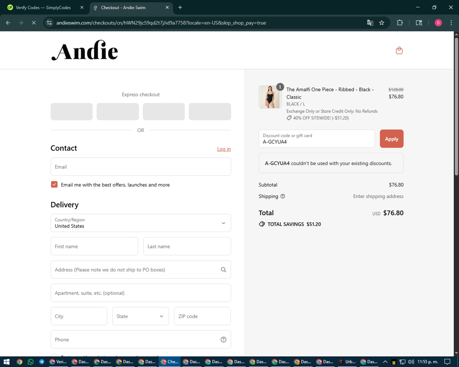 Andie Swim discount code screenshot showing code A-GCYUA4 applied at Andie Swim checkout page. Uploaded by SimplyCodes community member MoneySeeker7165 on Aug 24, 2025