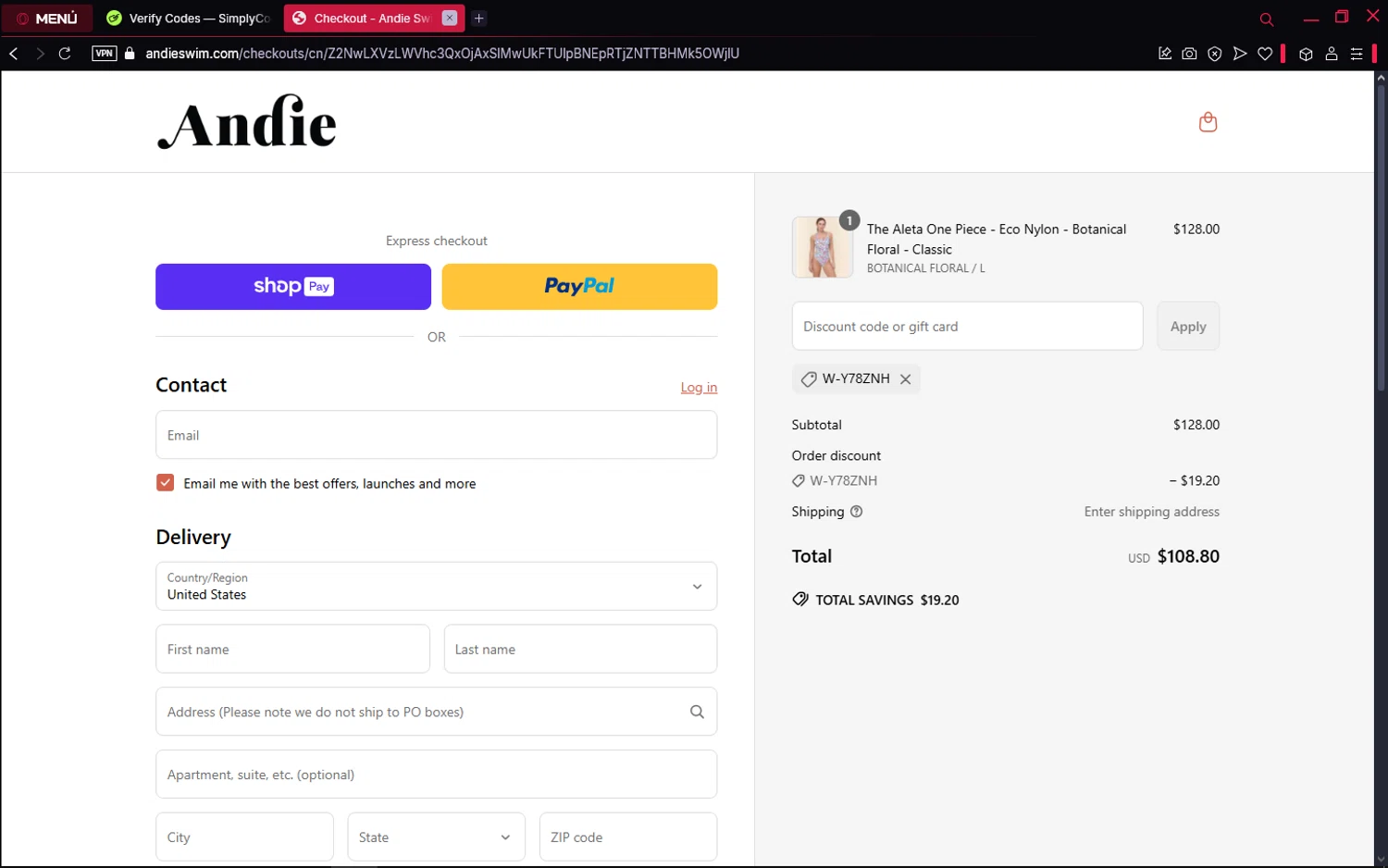 Andie Swim discount code screenshot showing code W-Y78ZNH applied at Andie Swim checkout page. Uploaded by SimplyCodes community member TokenElite6436 on Apr 17, 2025