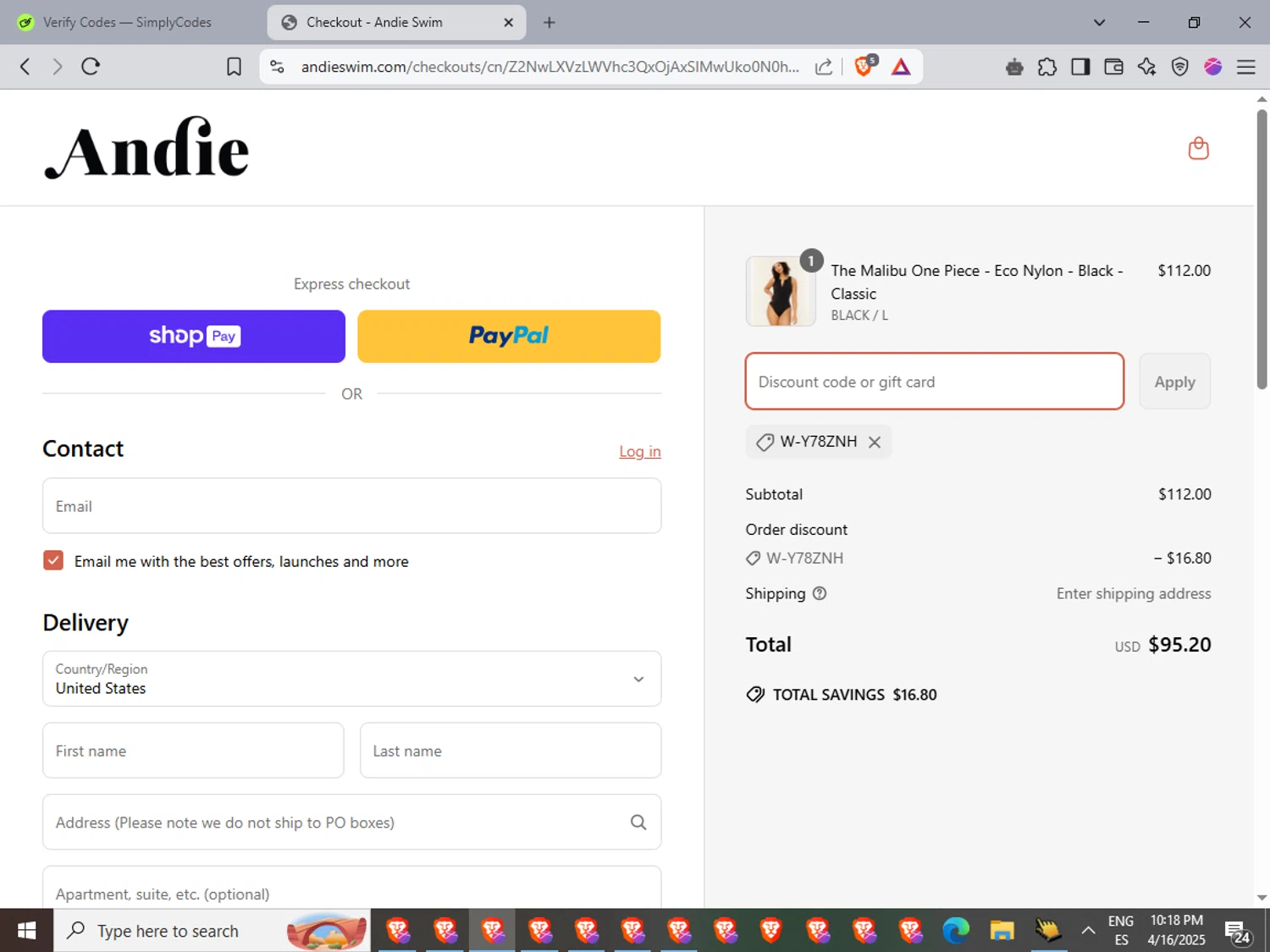 Andie Swim discount code screenshot showing code W-Y78ZNH applied at Andie Swim checkout page. Uploaded by SimplyCodes community member LuckyFinder3550 on Apr 17, 2025