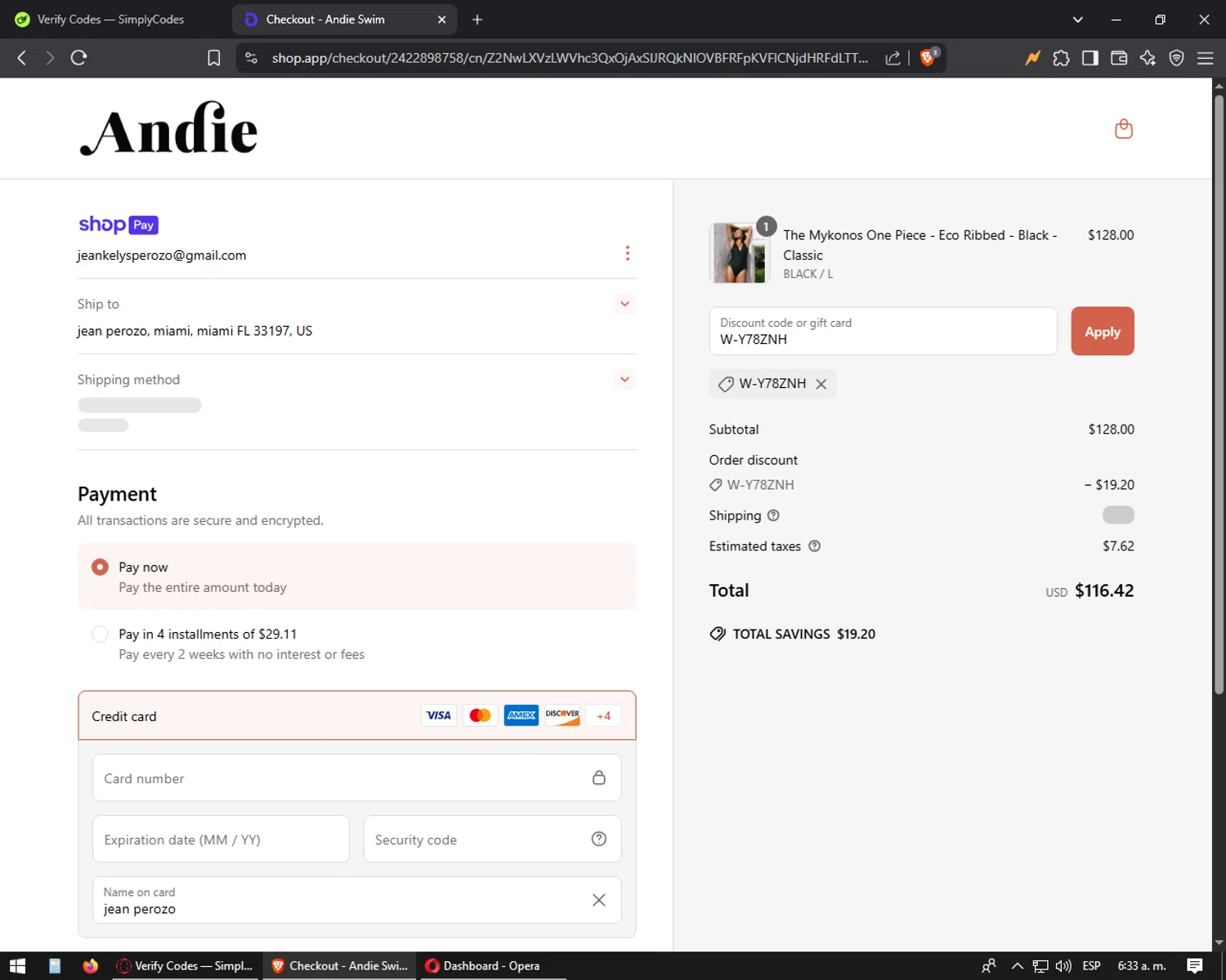Andie Swim discount code screenshot showing code W-Y78ZNH applied at Andie Swim checkout page. Uploaded by SimplyCodes community member oscarbeaujon on Apr 13, 2025