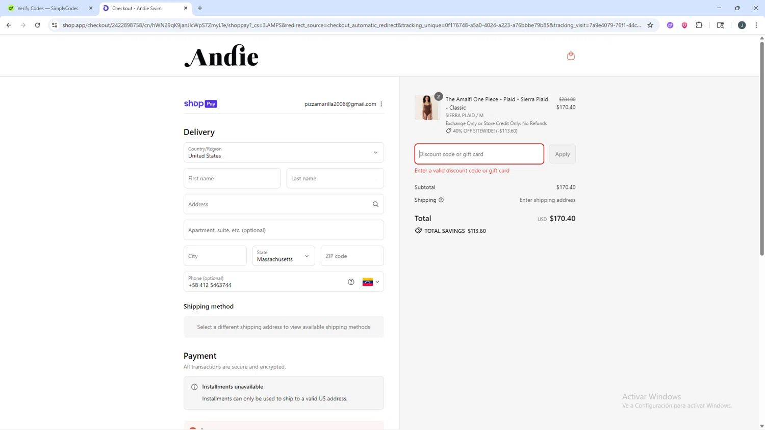 Andie Swim discount code screenshot showing code 40%OFF applied at Andie Swim checkout page. Uploaded by SimplyCodes community member AVATIGRITO on Aug 24, 2025