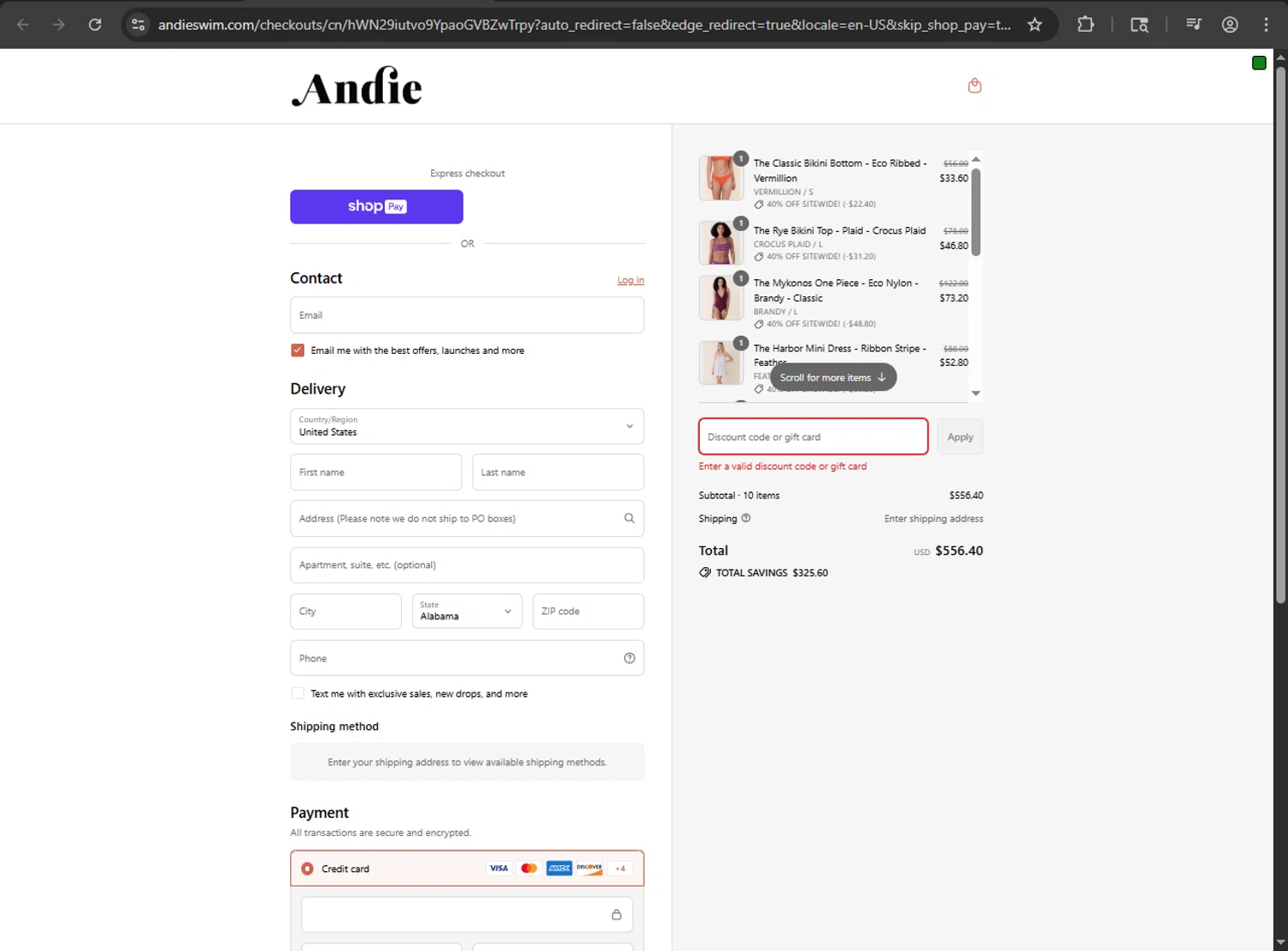Andie Swim discount code screenshot showing code 40%OFF applied at Andie Swim checkout page. Uploaded by SimplyCodes community member THEROCKs on Aug 24, 2025