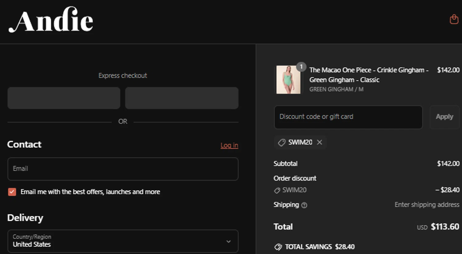 Andie Swim discount code screenshot showing code SWIM20 applied at Andie Swim checkout page. Uploaded by SimplyCodes community member idkxxx on Jun 25, 2025