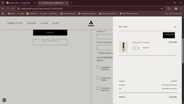 Andis checkout page showing Andis promo code box | Screenshot taken by SimplyCodes community member on Aug 29, 2025