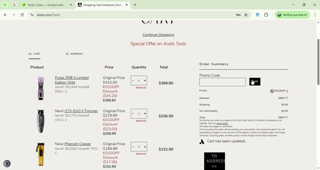 Andis checkout page showing Andis promo code box | Screenshot taken by SimplyCodes community member on Sep 3, 2025