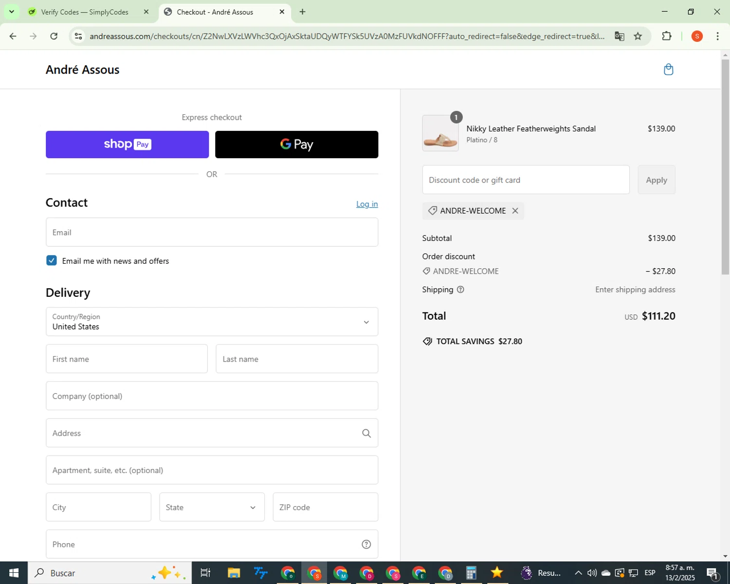 André Assous promo code screenshot showing code Andre-Welcome applied at André Assous checkout page. Uploaded by SimplyCodes community member CrownBoss9623 on Feb 13, 2025
