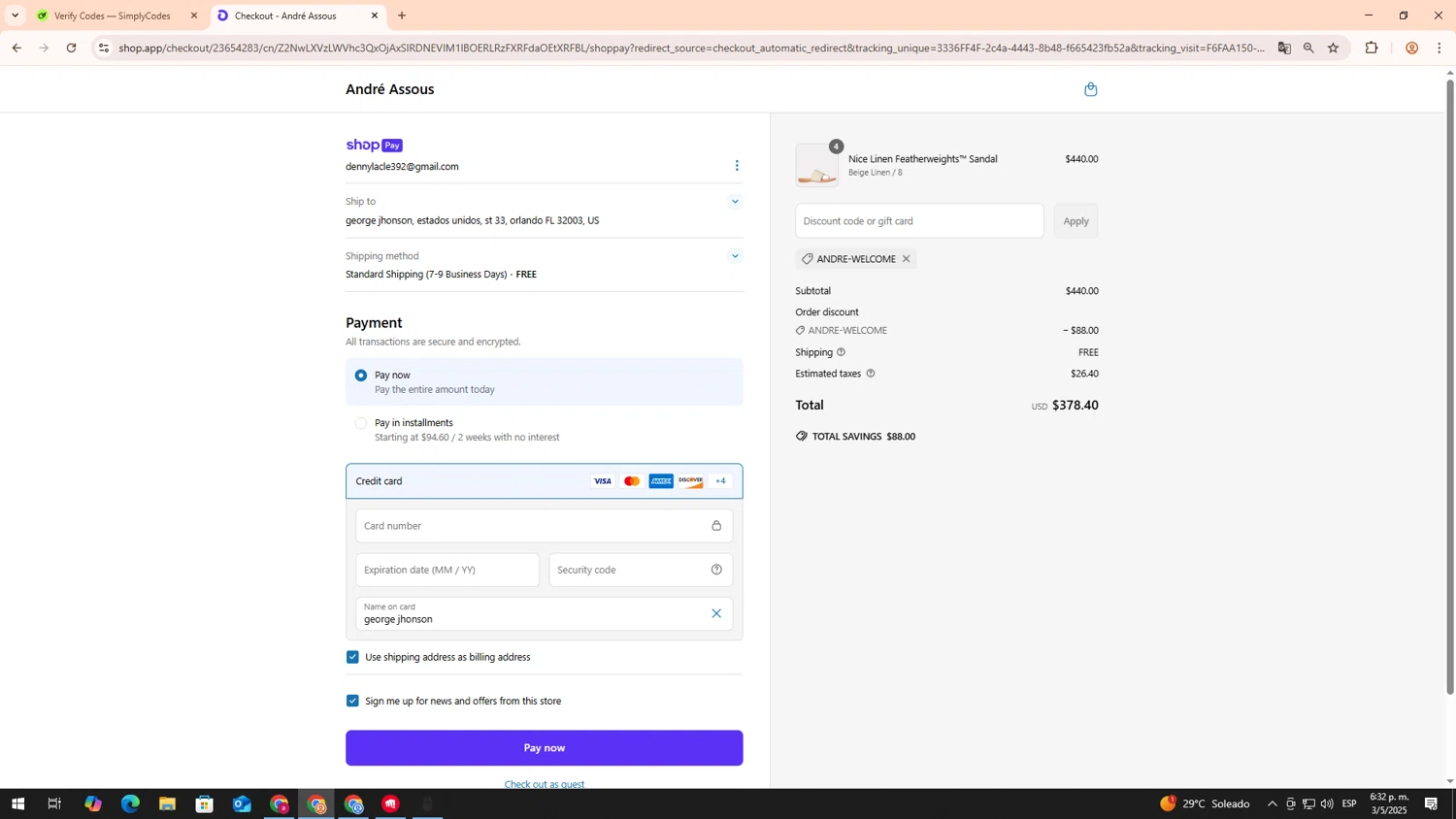 André Assous promo code screenshot showing code Andre-Welcome applied at André Assous checkout page. Uploaded by SimplyCodes community member RoyalLegend4835 on May 3, 2025