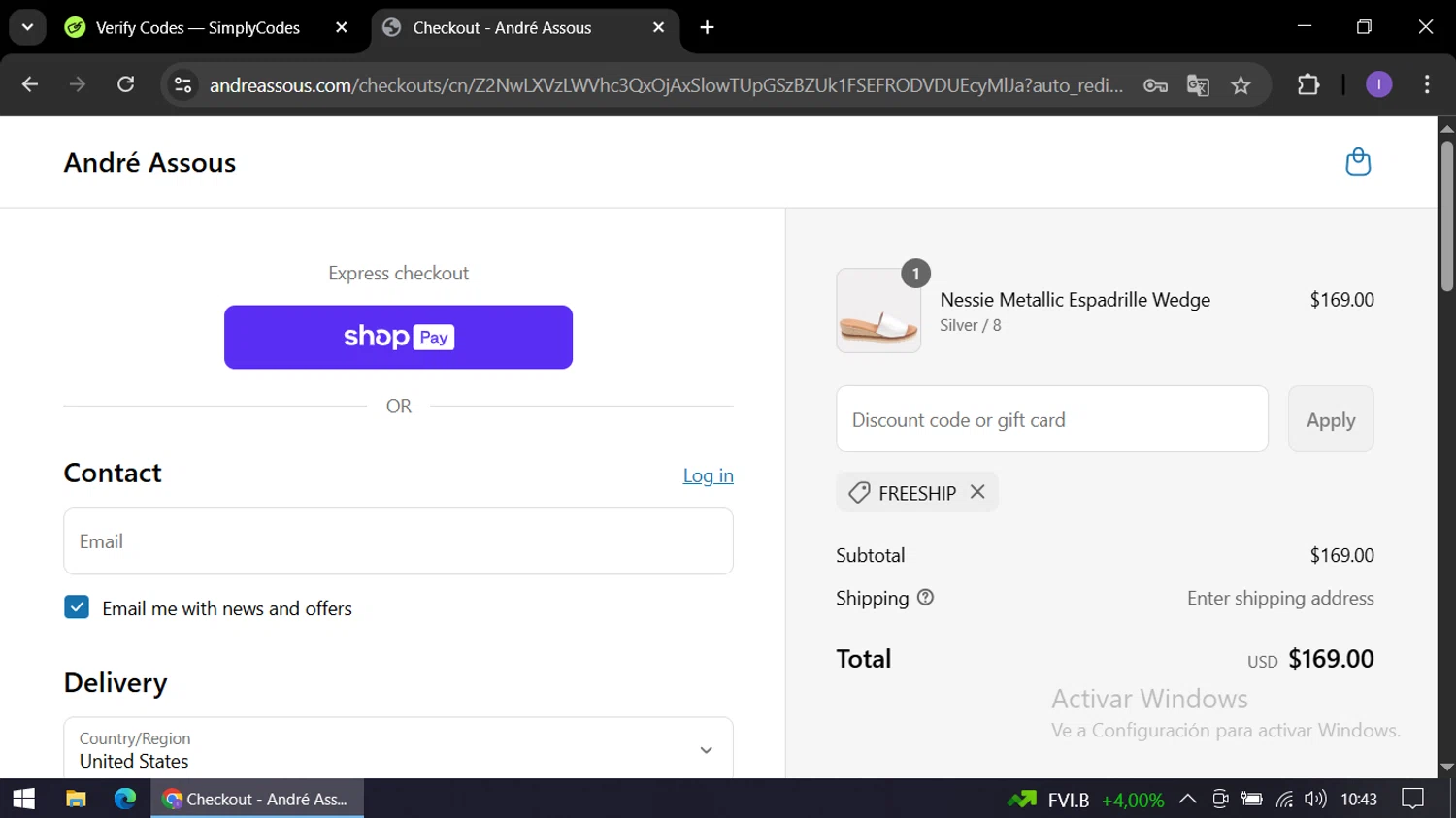 André Assous promo code screenshot showing code FREESHIP applied at André Assous checkout page. Uploaded by SimplyCodes community member AGP44456545 on Jun 30, 2025