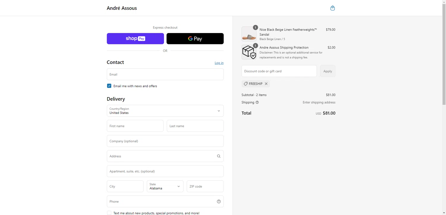 André Assous promo code screenshot showing code FREESHIP applied at André Assous checkout page. Uploaded by SimplyCodes community member SilverPioneer1110 on Jun 30, 2025