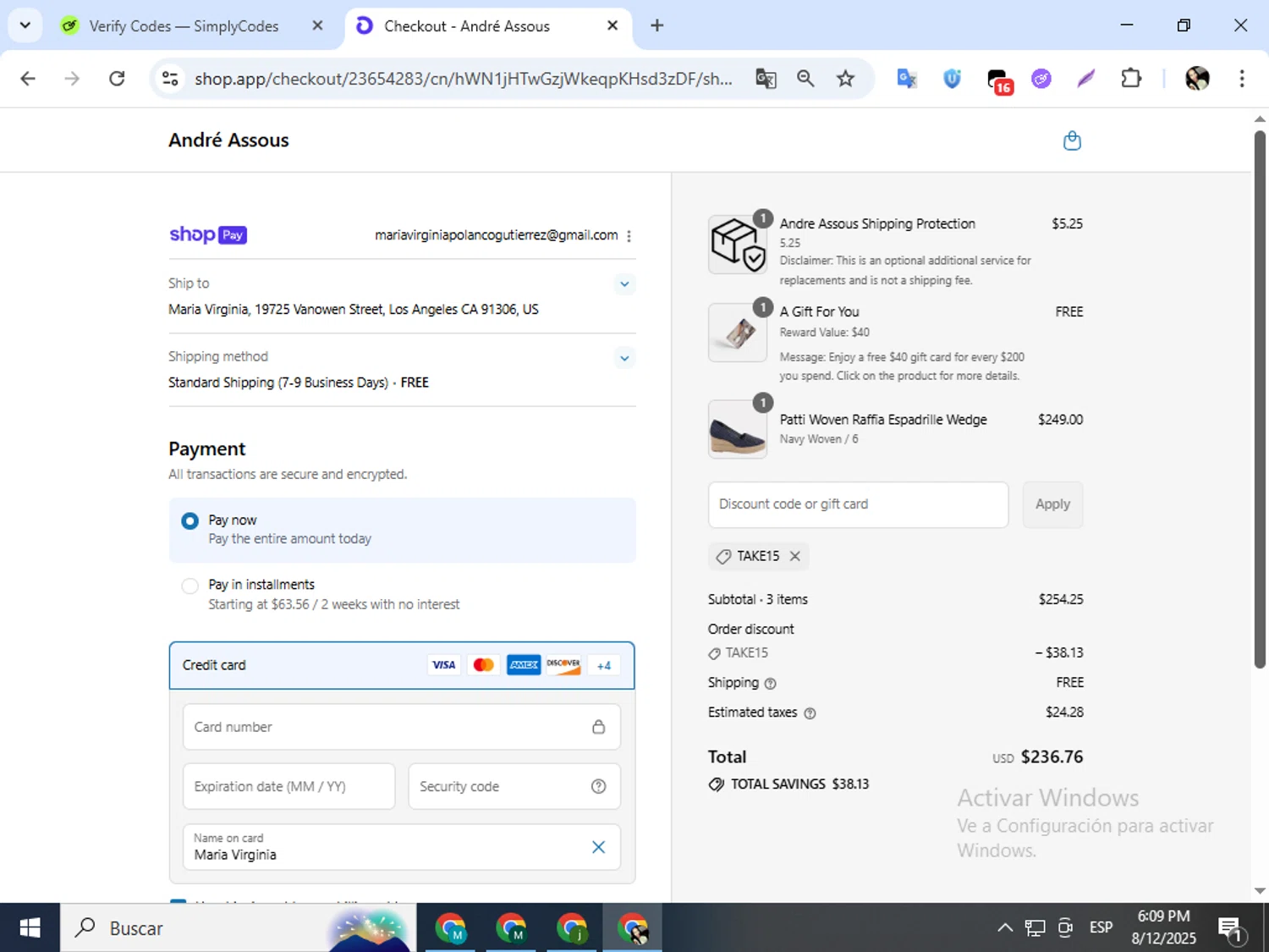 André Assous promo code screenshot showing code TAKE15 applied at André Assous checkout page. Uploaded by SimplyCodes community member mariapolancog on Aug 12, 2025