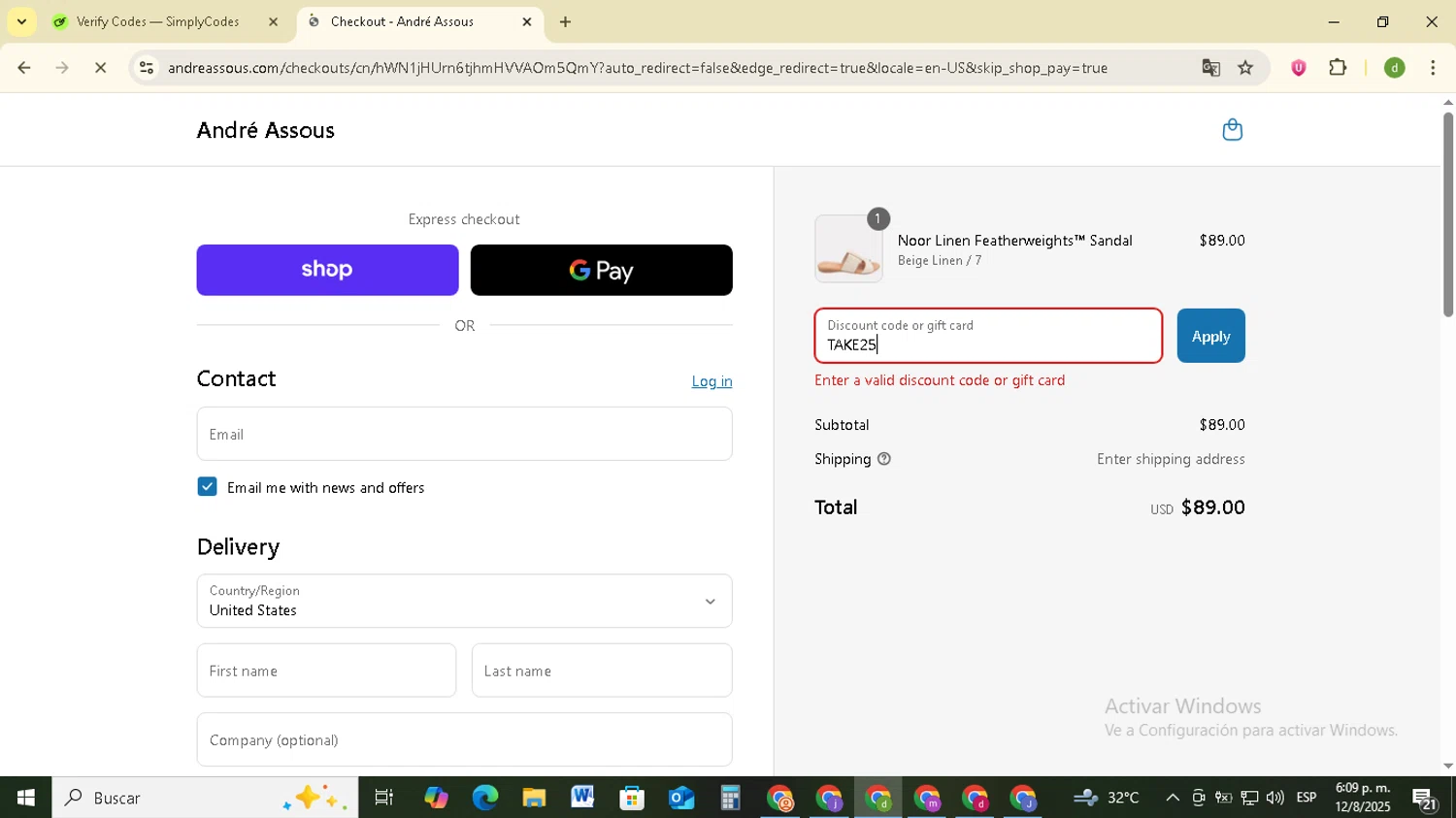André Assous promo code screenshot showing code TAKE25 applied at André Assous checkout page. Uploaded by SimplyCodes community member SavingsSentinel833 on Aug 12, 2025