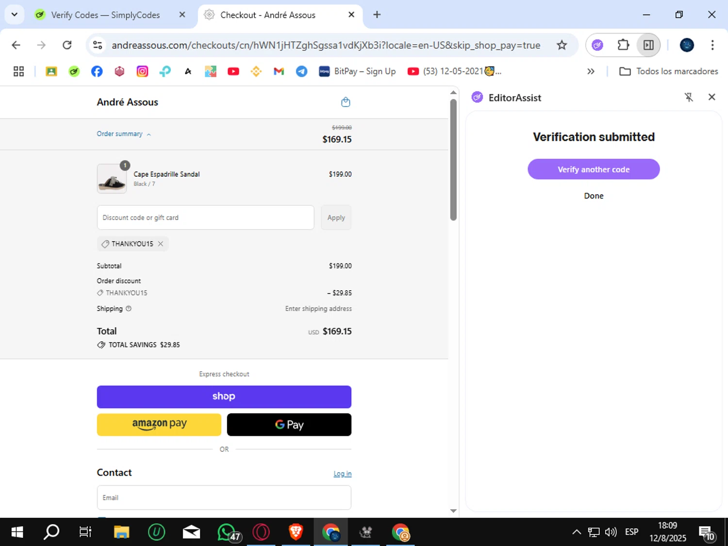 André Assous promo code screenshot showing code thankyou15 applied at André Assous checkout page. Uploaded by SimplyCodes community member SunJinWoo on Aug 12, 2025