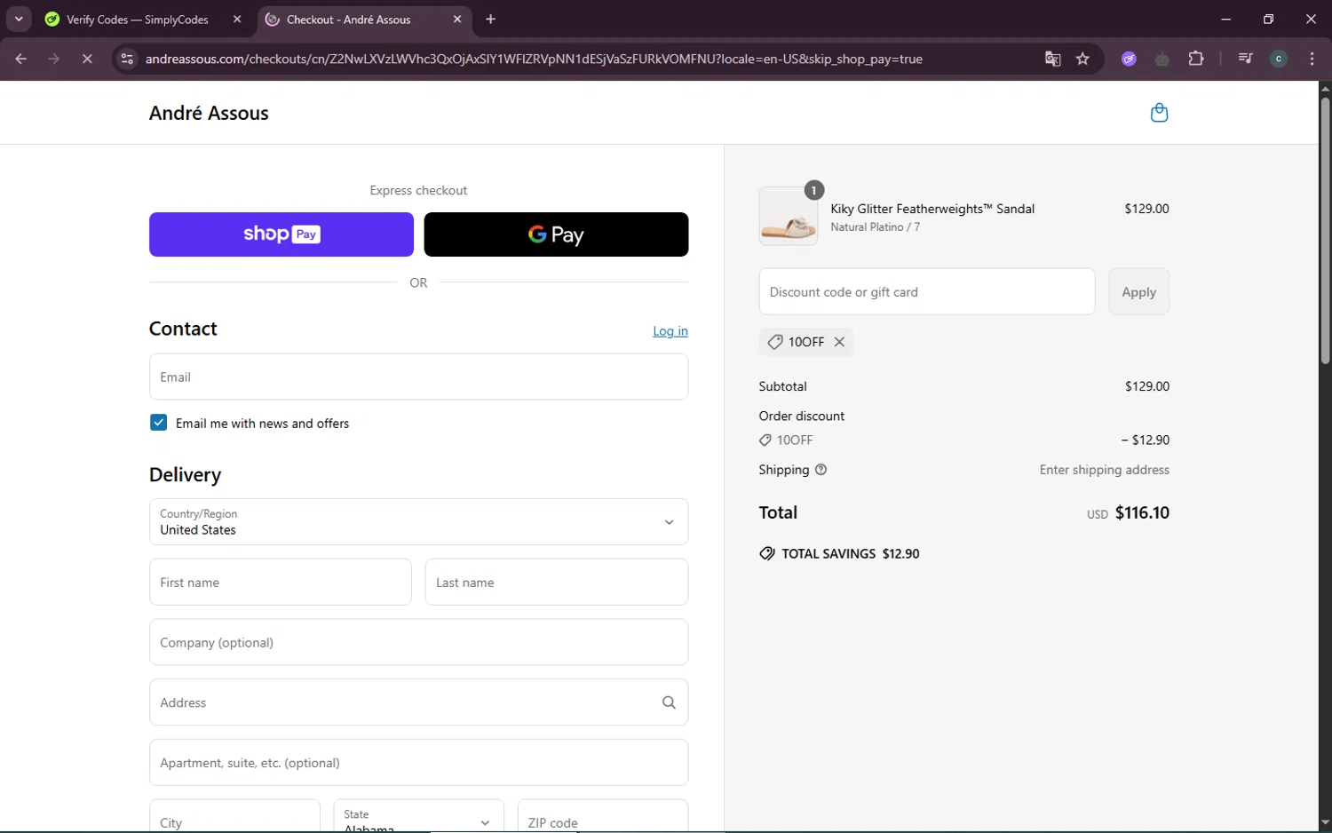 André Assous promo code screenshot showing code 10OFF applied at André Assous checkout page. Uploaded by SimplyCodes community member LassoReyes on May 13, 2025