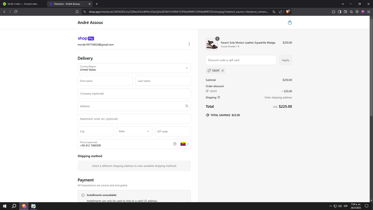 André Assous promo code screenshot showing code 10OFF applied at André Assous checkout page. Uploaded by SimplyCodes community member SpeeDFast on Mar 26, 2025