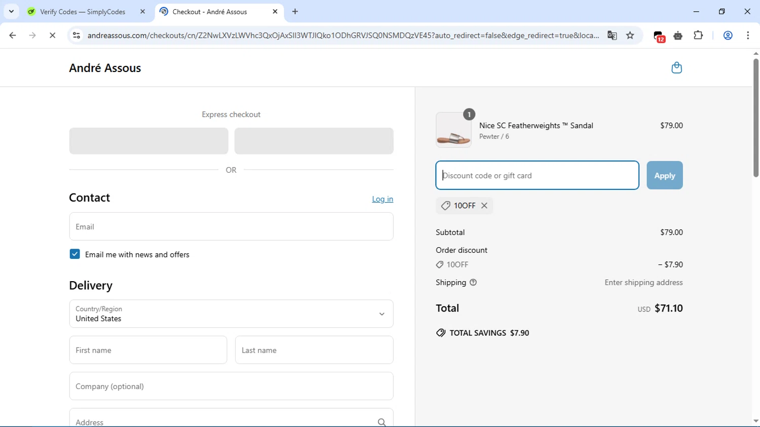 André Assous promo code screenshot showing code 10OFF applied at André Assous checkout page. Uploaded by SimplyCodes community member dolce_codmax213 on Apr 7, 2025