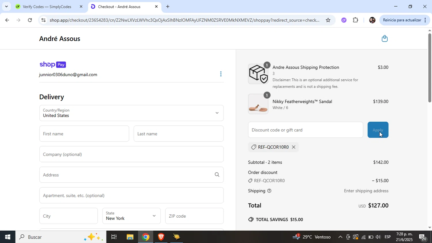 André Assous promo code screenshot showing code REF-QCOR10R0 applied at André Assous checkout page. Uploaded by SimplyCodes community member Junniorduno on Jun 21, 2025
