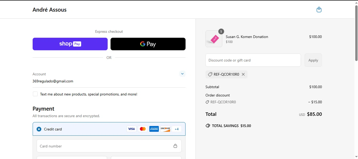 André Assous promo code screenshot showing code REF-QCOR10R0 applied at André Assous checkout page. Uploaded by SimplyCodes community member MoneyShopper1883 on May 5, 2025