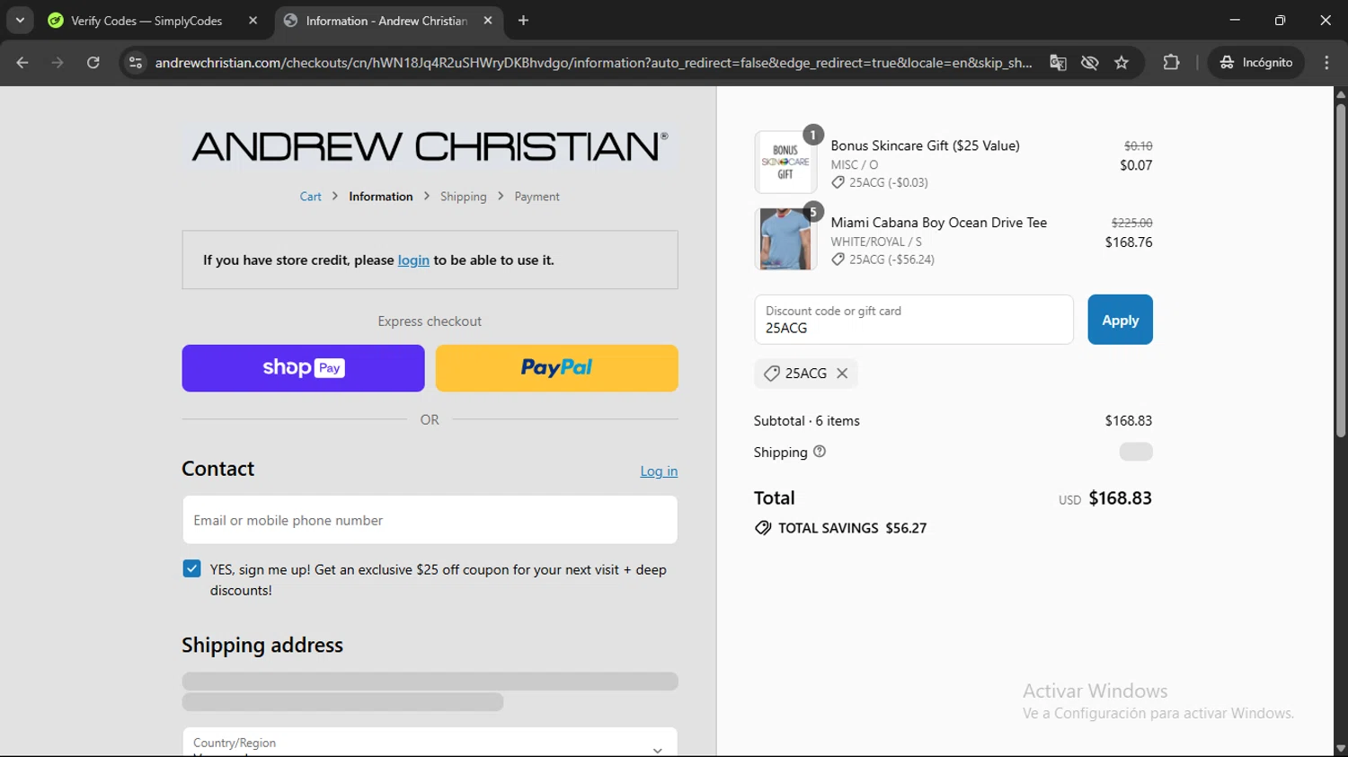 Andrew Christian discount code screenshot showing code 25ACG applied at Andrew Christian checkout page. Uploaded by SimplyCodes community member AVAMUSTANG on Jul 28, 2025