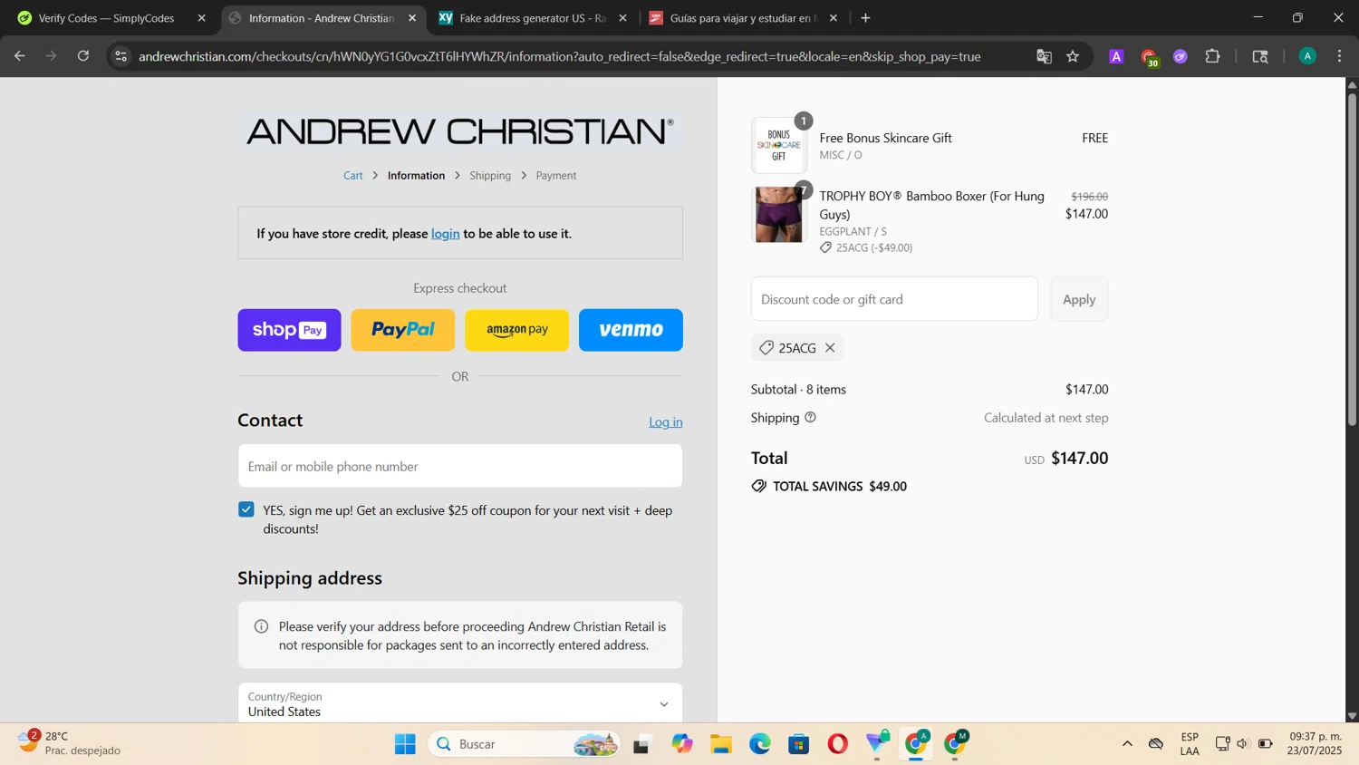 Andrew Christian discount code screenshot showing code 25ACG applied at Andrew Christian checkout page. Uploaded by SimplyCodes community member CouponSentinel181 on Jul 24, 2025