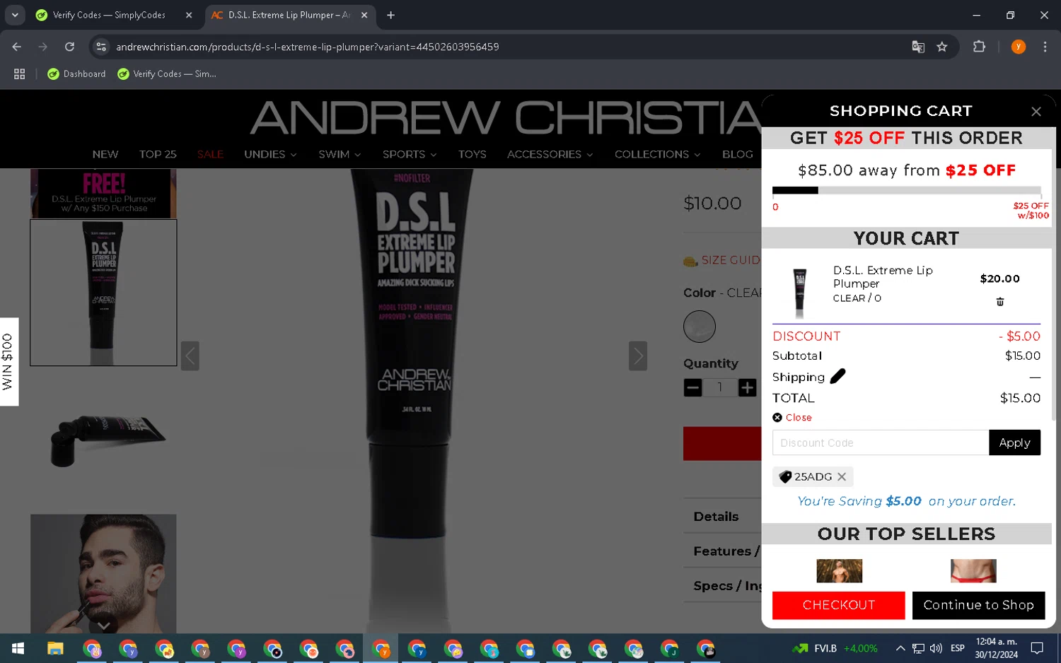 Andrew Christian discount code screenshot showing code 25ADG applied at Andrew Christian checkout page. Uploaded by SimplyCodes community member CrownAdmiral3396 on Dec 30, 2024