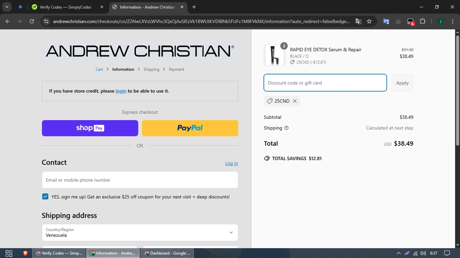 Andrew Christian discount code screenshot showing code 25CND applied at Andrew Christian checkout page. Uploaded by SimplyCodes community member TreasureSleuth109 on Mar 24, 2025