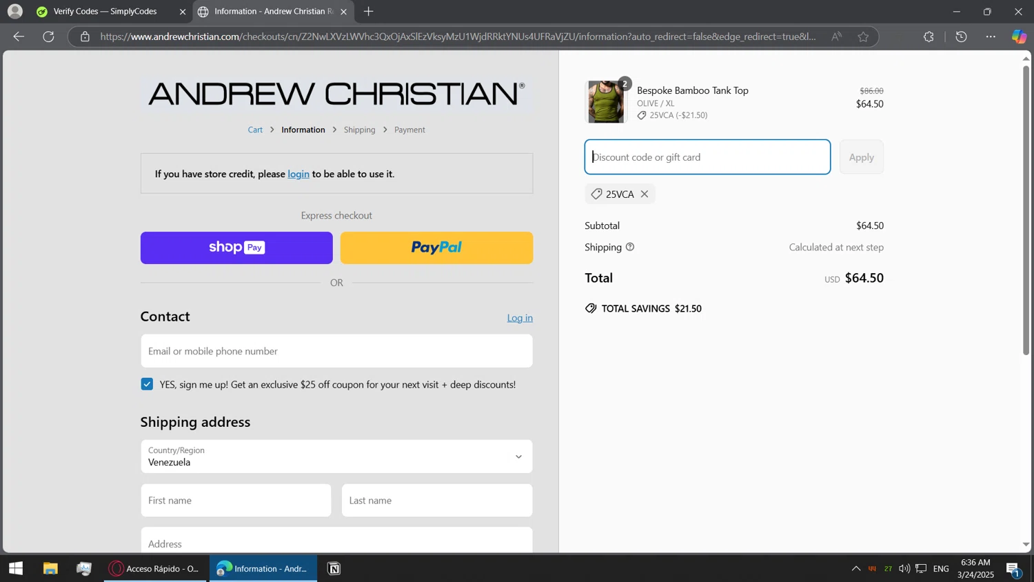 Andrew Christian discount code screenshot showing code 25VCA applied at Andrew Christian checkout page. Uploaded by SimplyCodes community member BorgeZzz on Mar 24, 2025