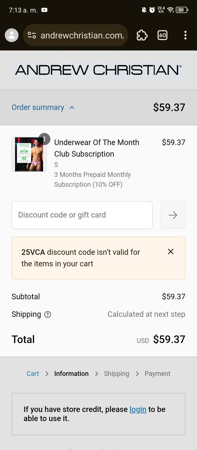 Andrew Christian discount code screenshot showing code 25VCA applied at Andrew Christian checkout page. Uploaded by SimplyCodes community member Carlitoxxxxxxxxxxxxxxxxxxxxxxx on Feb 4, 2025