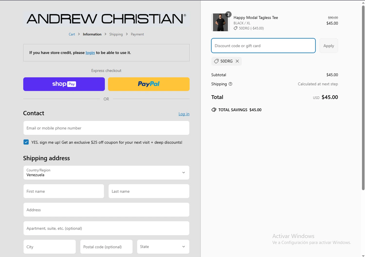 Andrew Christian discount code screenshot showing code 50DRG applied at Andrew Christian checkout page. Uploaded by SimplyCodes community member Carlosramirez09 on Mar 25, 2025