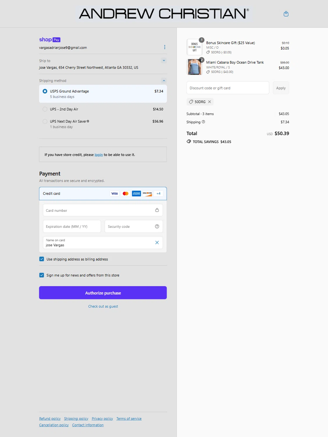 Andrew Christian discount code screenshot showing code 50DRG applied at Andrew Christian checkout page. Uploaded by SimplyCodes community member Rossimar on Jul 5, 2025