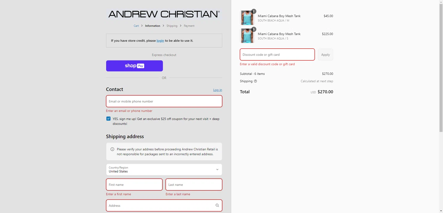 Andrew Christian discount code screenshot showing code swr40 applied at Andrew Christian checkout page. Uploaded by SimplyCodes community member CrownTiger6508 on Aug 27, 2025