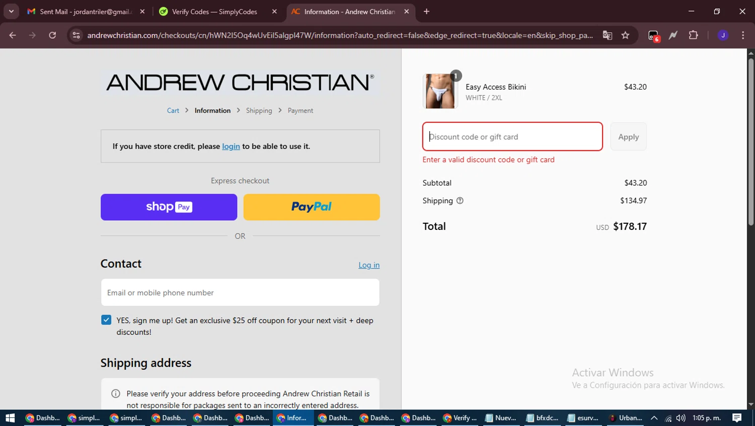 Andrew Christian discount code screenshot showing code swr40 applied at Andrew Christian checkout page. Uploaded by SimplyCodes community member LegendaryLegend9872 on Aug 27, 2025