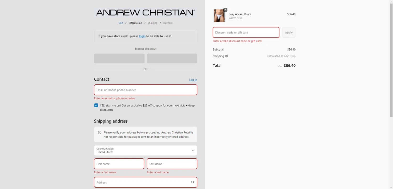 Andrew Christian discount code screenshot showing code swr40 applied at Andrew Christian checkout page. Uploaded by SimplyCodes community member PromoAdmiral6652 on Aug 27, 2025