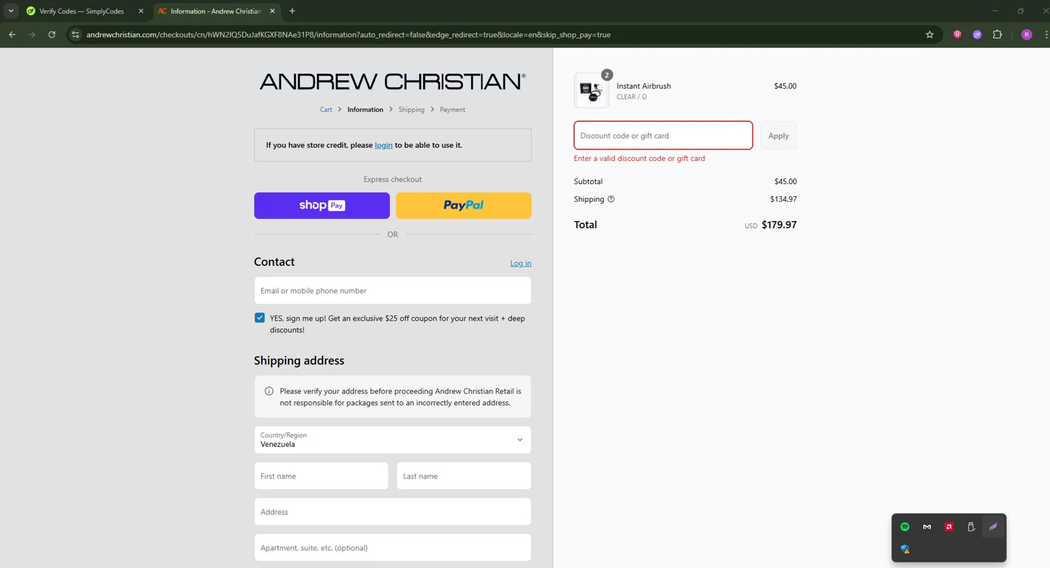 Andrew Christian discount code screenshot showing code swr40 applied at Andrew Christian checkout page. Uploaded by SimplyCodes community member RoyalSentinel4577 on Aug 27, 2025