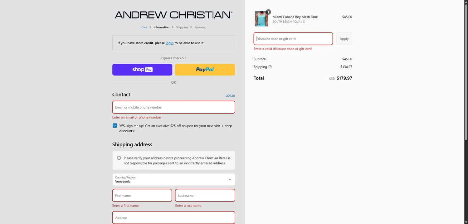 Andrew Christian discount code screenshot showing code swr40 applied at Andrew Christian checkout page. Uploaded by SimplyCodes community member VoucherVirtuoso5207 on Aug 27, 2025