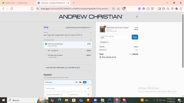 Andrew Christian checkout page showing Andrew Christian discount code box | Screenshot taken by SimplyCodes community member on Sep 11, 2025