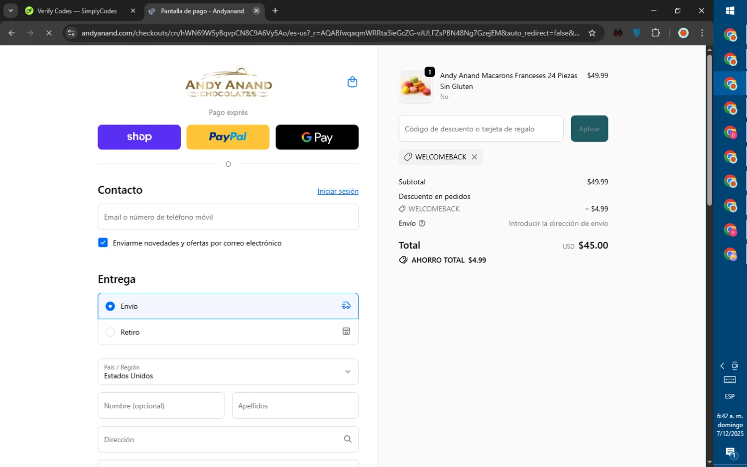 Andy Anand promo code screenshot showing code WELCOMEBACK applied at Andy Anand checkout page. Uploaded by SimplyCodes community member ValiantWarden8956 on Dec 7, 2025