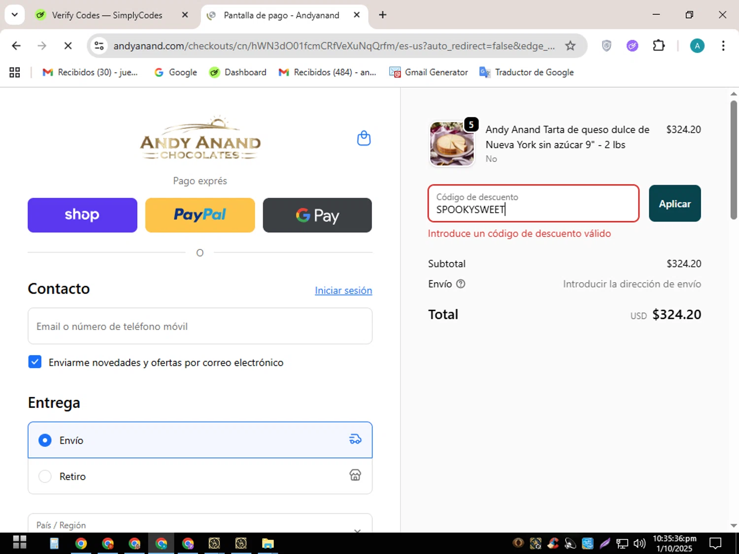Andy Anand promo code screenshot showing code SPOOKYSWEET applied at Andy Anand checkout page. Uploaded by SimplyCodes community member SavingsScout358 on Oct 2, 2025