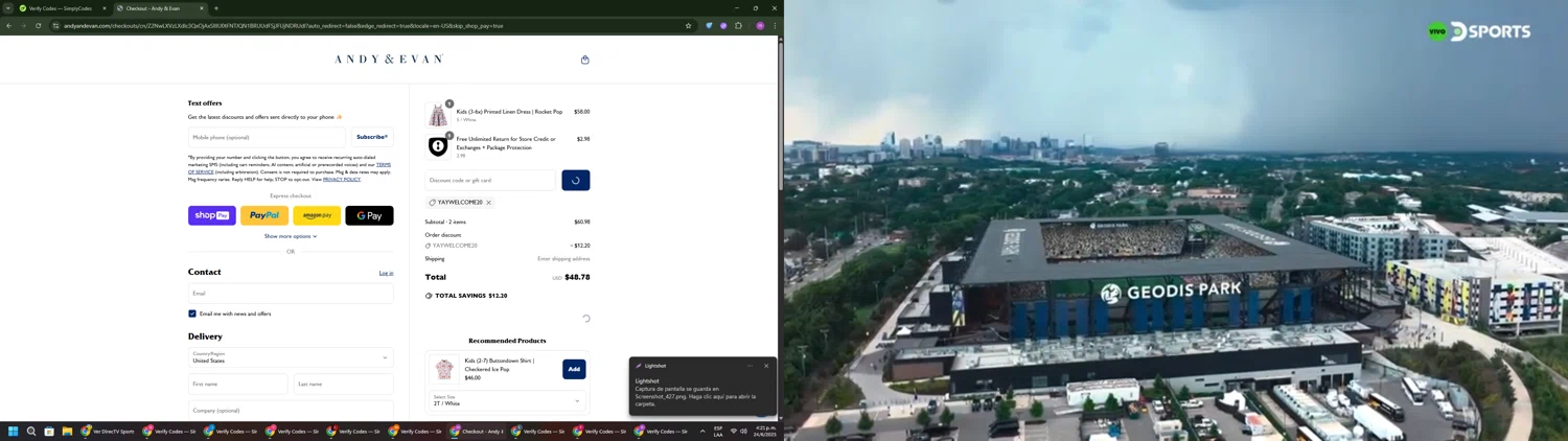 Andy & Evan promo code screenshot showing code YAYWELCOME20 applied at Andy & Evan checkout page. Uploaded by SimplyCodes community member PennyWizard1195 on Jun 24, 2025