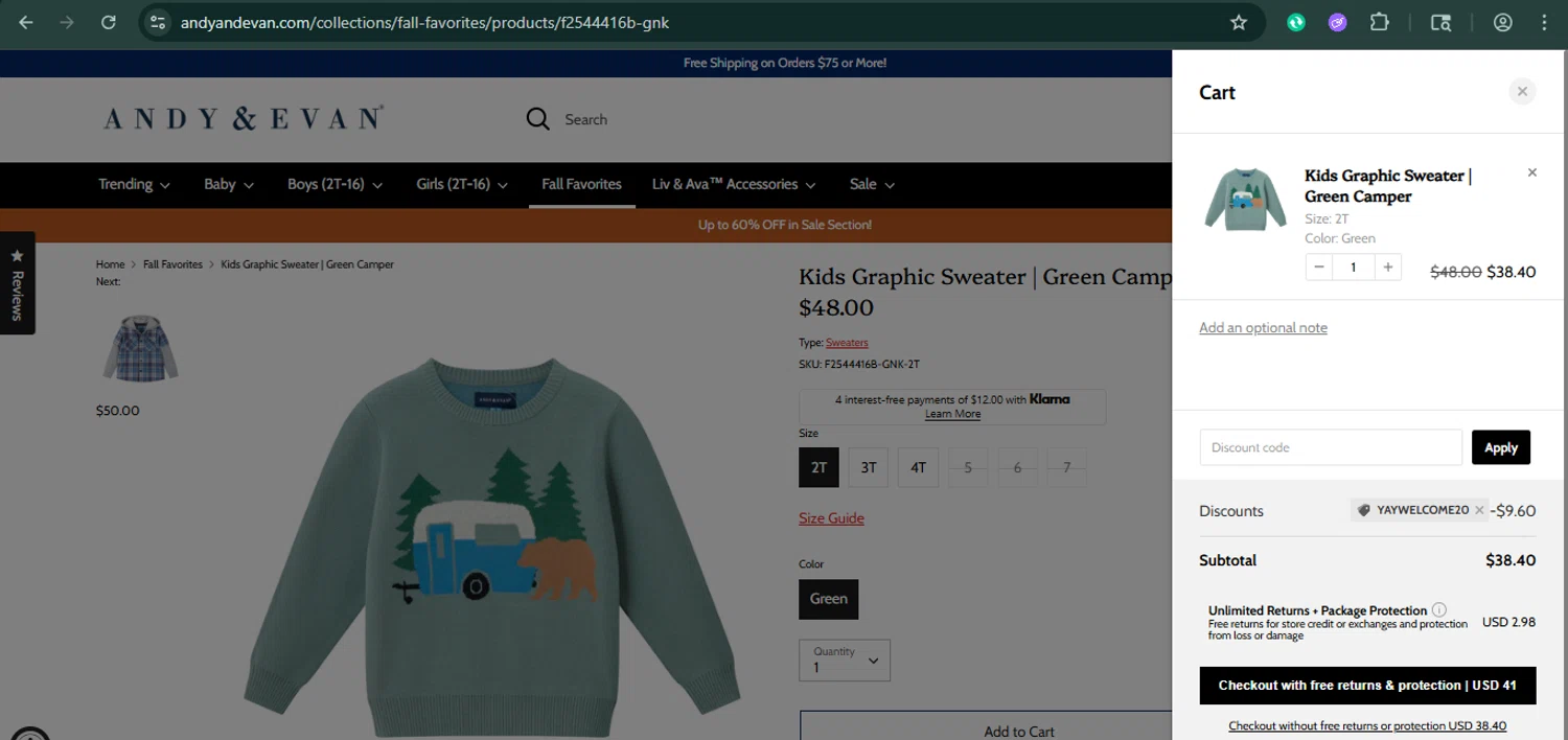 Andy & Evan promo code screenshot showing code YAYWELCOME20 applied at Andy & Evan checkout page. Uploaded by SimplyCodes community member xaswqe on Oct 21, 2025